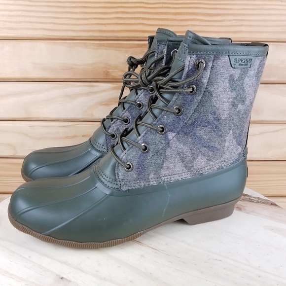 Sperry Top-Sider Men's 11.5 Saltwater Camo Duck Boots Lace-up Green STS23702 NEW - Picture 1 of 10
